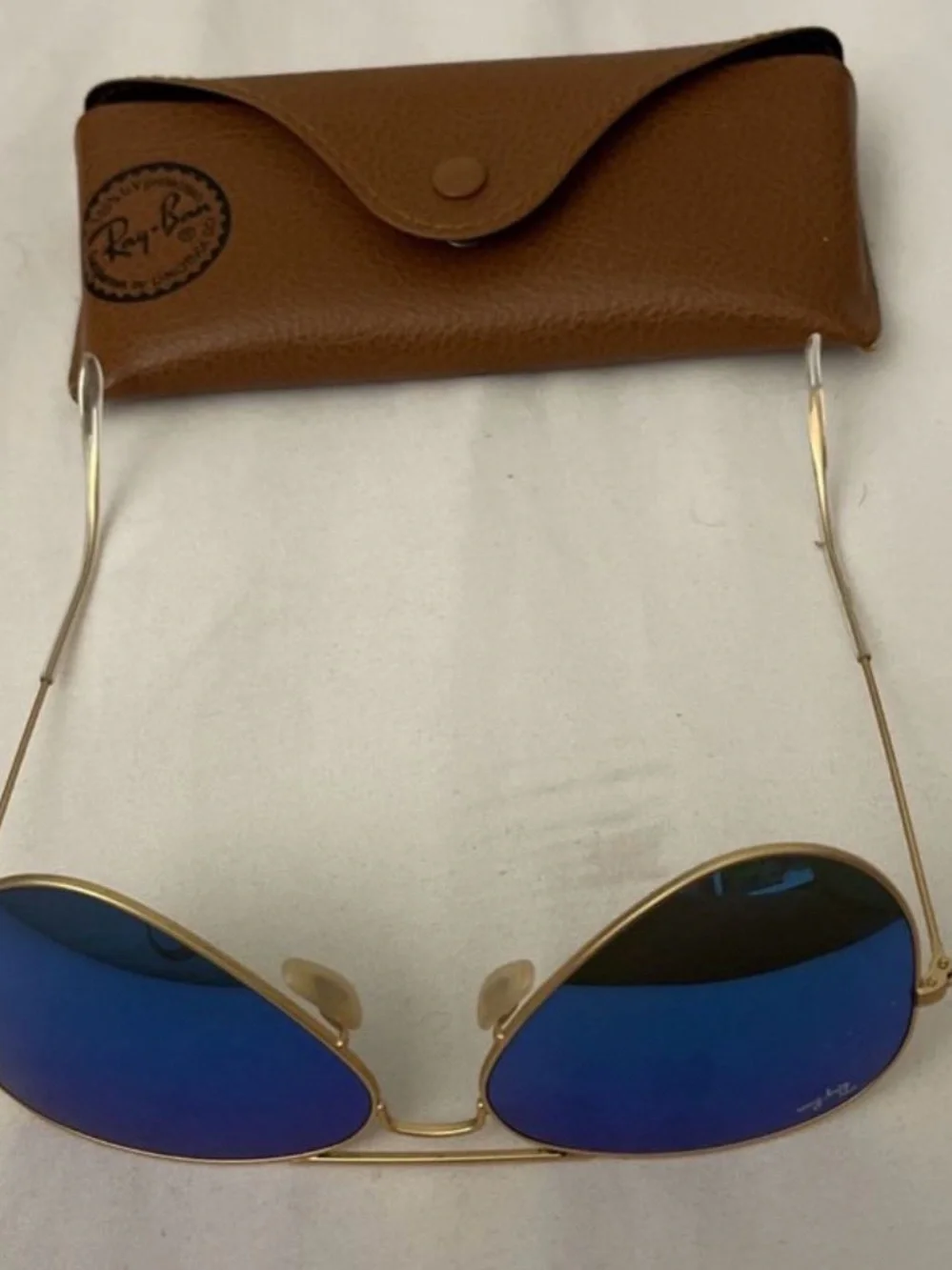 Ray-Ban Gold Frame Blue Lens Oval Sunglasses with Brown Case